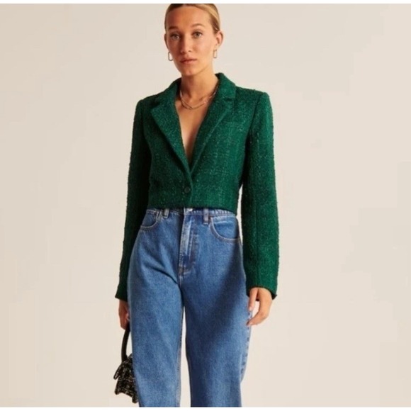 NWT Abercrombie & Fitch Cropped Tweed Blazer Jacket Green Preppy Chic Glam - Picture 6 of 9